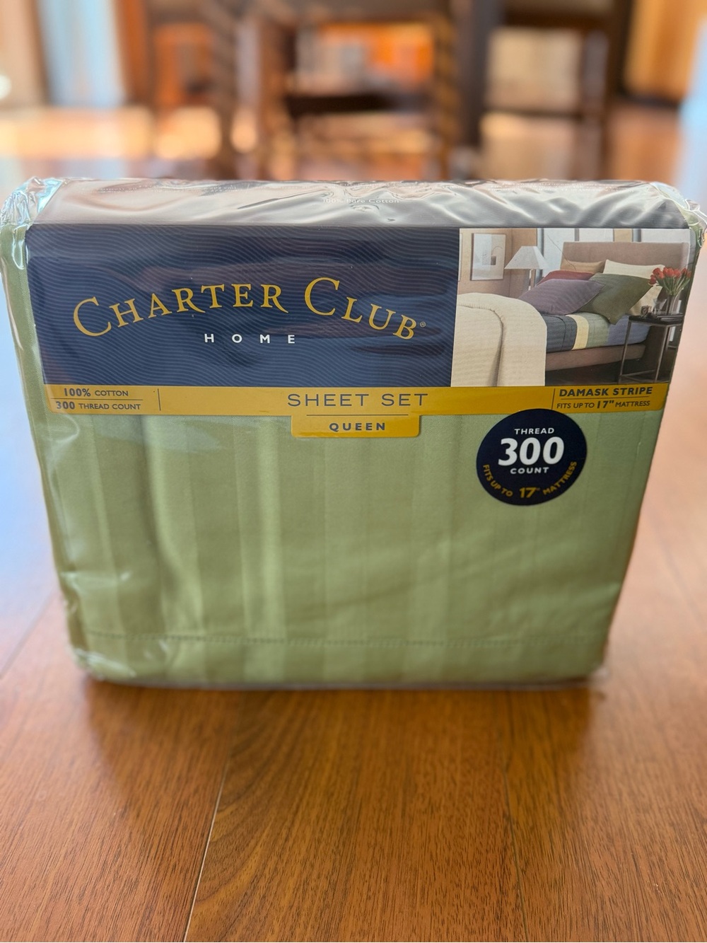 Charter Club Damask Stripe Queen Sheet Set in Sage Green